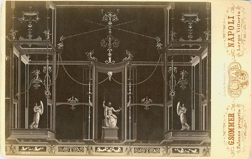 VII.4.59 Pompeii. 
Exedra or triclinium y, south wall. Photograph by G. Sommer no 6420. Painted wall decoration. Photo courtesy of Rick Bauer.  
Note: The figures on this upper wall agree with the upper part of the painting by Zahn, above. 
Our thanks to Florian Schmitt for helping us to identify the location of this photo.
