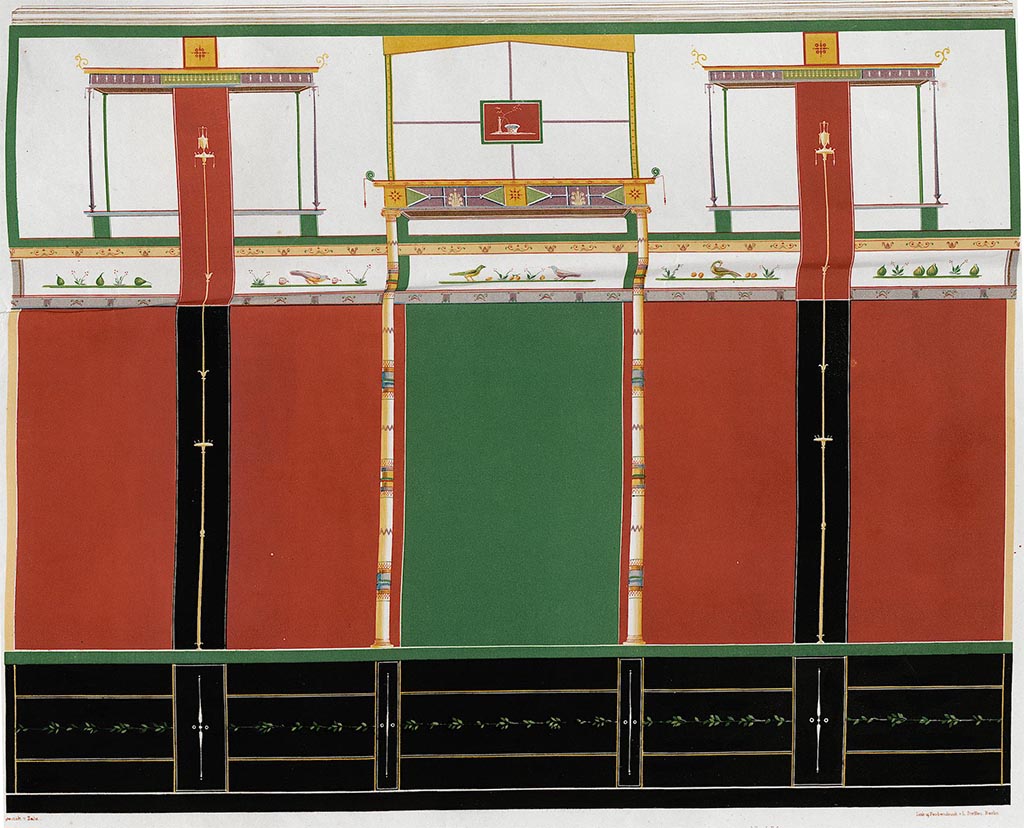 VII.4.59 Pompeii. 1842 painting by Zahn of double cubiculum i east wall. 
See Zahn, W., 1842. Die schönsten Ornamente und merkwürdigsten Gemälde aus Pompeji, Herkulanum und Stabiae: II. Berlin: Reimer, Taf. II, 34.

