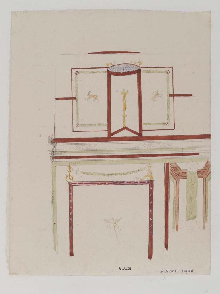 VII.4.62 Pompeii. c.1840. Cubiculum, detail from upper south wall in a painting by James William Wild.
Photo © Victoria and Albert Museum, inventory number E.4001-1938.