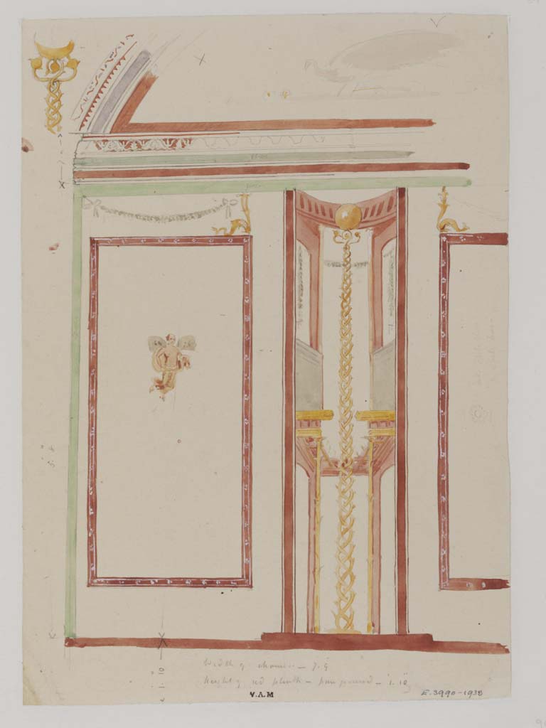 VII.4.62 Pompeii. c.1840. Painting by James William Wild of south end of west wall of vaulted cubiculum.
Photo © Victoria and Albert Museum, inventory number E.3990-1938.