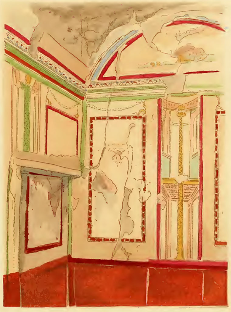 VII.4.62 Pompeii. Undated painting by Pierre Gusman, looking towards south-west corner of vaulted cubiculum.
See Gusman P., 1924. La Décoration Murale de Pompei. Paris : Morancé, pl. XVIII,2.