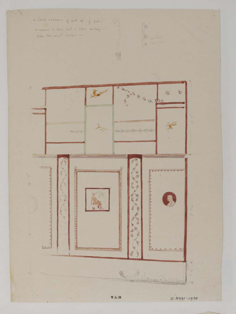 VII.4.62 Pompeii. c.1840. Painting by James William Wild of part of north wall of a cubiculum on west side of atrium.
In the central painting, Narcissus can be recognised. (Helbig 1345).
Photo © Victoria and Albert Museum, inventory number E.3991-1938.