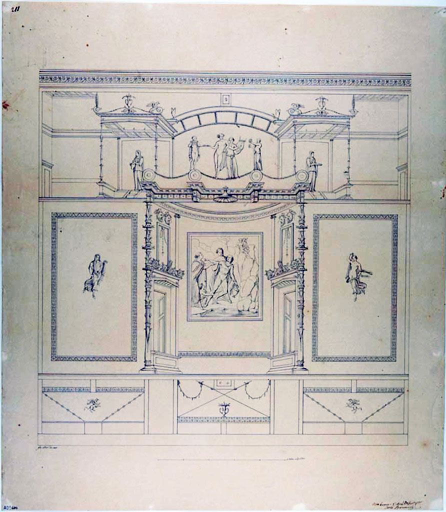 VII.4.62 Pompeii. Triclinium 7, north wall, drawing by Giuseppe Abbate showing the decoration now lost.
Now in Naples Archaeological Museum. Inventory number ADS 684.
Photo © ICCD. http://www.catalogo.beniculturali.it
Utilizzabili alle condizioni della licenza Attribuzione - Non commerciale - Condividi allo stesso modo 2.5 Italia (CC BY-NC-SA 2.5 IT)
The central fresco of the rape of Hylas is now in Naples Archaeological Museum. Inventory number 8882. In the panel on each side is a floating female figure.
In the architectural painting of the upper zone is Dionysus leaning on a Satyr playing the lyre, with a Silenus with tympanum and a Satyr with a flute.
Either side, standing at the top of steps are two female figures with utensils for a sacrifice in their hands.
In the lower zone are panels with two flying horses, crossed thyrsi, twirls of leaves and garlands of leaves.
At the top of the wall was a stucco frieze decorated with shields separating this area of the wall from the lunette above, but it is not included in Abbate's drawing.
The stucco frieze has been dated to the time of Vespasian.
See Carratelli, G. P., 1990-2003. Pompei: Pitture e Mosaici: Vol. VII. Roma: Istituto della enciclopedia italiana, p. 151-2, no. 18.