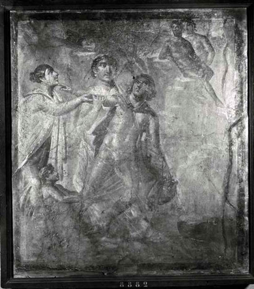 VII.4.62 Pompeii. Triclinium 7, north wall, fresco of the rape of Hylas.
Now in Naples Archaeological Museum. Inventory number 8882.
See Staub Gierow M., 2000. Casa delle forme di creta (VII.4.61-63): Hauser in Pompeji Band 10, DAI. München: Hirmer, p. 100, figs. 352-3.