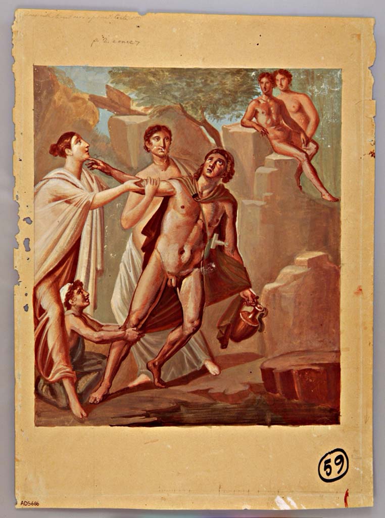 VII.4.62 Pompeii. Triclinium 7, north wall. Copy of the fresco of the rape of Hylas, attributed to Giuseppe Marsigli.
Now in Naples Archaeological Museum. Inventory number ADS 686.
Photo © ICCD. http://www.catalogo.beniculturali.it
Utilizzabili alle condizioni della licenza Attribuzione - Non commerciale - Condividi allo stesso modo 2.5 Italia (CC BY-NC-SA 2.5 IT)