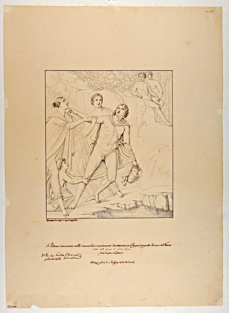 VII.4.62 Pompeii. Triclinium 7, north wall. Drawing by Giuseppe Marsigli, 1833, a copy of the painting of the rape of Hylas
Now in Naples Archaeological Museum. Inventory number ADS 685.
Photo © ICCD. http://www.catalogo.beniculturali.it
Utilizzabili alle condizioni della licenza Attribuzione - Non commerciale - Condividi allo stesso modo 2.5 Italia (CC BY-NC-SA 2.5 IT)