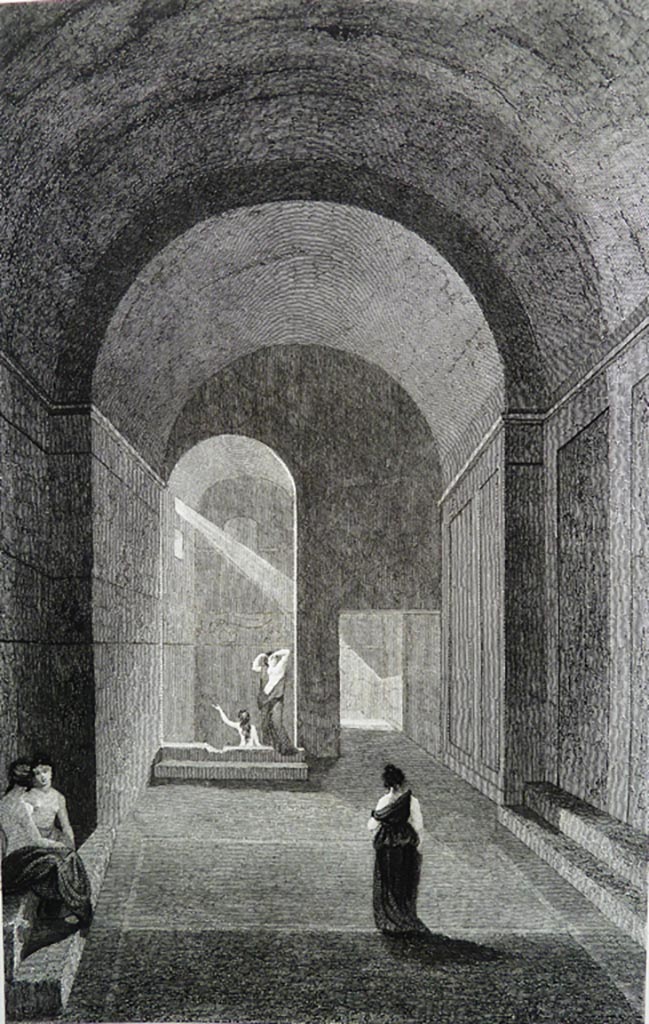 VII.5.8 Pompeii. Pre 1836 drawing by Gell.
Drawing by Gell of the changing room (46) with the Frigidarium, benches 47 and Piscina of the women’s baths. (48).
Looking north across changing room 46, towards Piscina 48, on left, with square doorway to corridor 45, on right.
Gell wrote –
“In this plate is represented a chamber with its roof entire which is supposed to be the thermae of the women.
The darkness here observable, perhaps, may lead us to suppose that the other apartments were by no means well lighted when the roofs were perfect. A figure is represented as in the piscina, or natatio, to show its existence. The bench on the left, which appears so much out of true perspective, is really so placed on the spot……………., etc.”
See Gell, W and Gandy, J., 1880. Pompeii, its destruction and re-discovery. New York: Worthington.