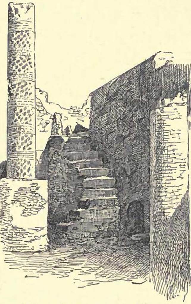 VII.5.10 Pompeii. 1900. Staircase in courtyard, drawing by Pierre Gusman.
According to Gusman, this was a staircase in VII. Ins. VI.
See Gusman, P. (1900). Pompei, the city, its life and art. London, William Heinemann. (p.285).