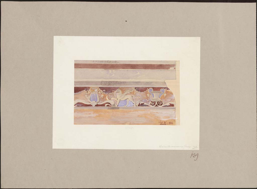 VII.5.24 Pompeii. 1886 painting by Valdemar Koch (1852-1902), decorative wall stucco from the south-west corner of apodyterium (14).
Photo © Danmarks Kunstbibliotek inv no ark_17623b.