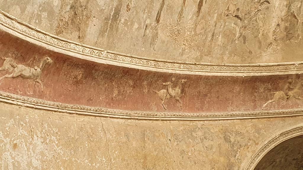 VII.5.24 Pompeii. August 2021.
Frigidarium, detail of plasterwork, south-east side.
On the left would be a cupid on a two-horse chariot. Other cupids are shown on horseback.
Foto Annette Haug, ERC Grant 681269 DÉCOR.