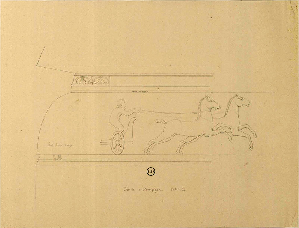 7.5.25 Pompeii. Sketch by Jean-Baptiste Ciceron Lesueur, of one of the two-horse chariots in the race.
See Lesueur, Jean-Baptiste Ciceron. Voyage en Italie de Jean-Baptiste Ciceron Lesueur (1794-1883), pl. 55.
See Book on INHA reference INHA NUM PC 15469 (04) « Licence Ouverte / Open Licence » Etalab