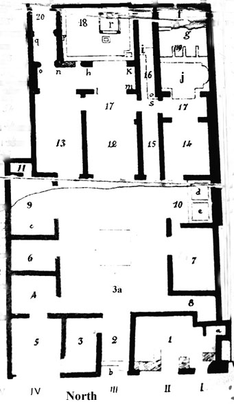 VII.6.3 Pompeii. Casa della Diana III or House of M. Spurius Saturninus and D. Volcius Modestus.
Room Plan (after Spano 1910 excavation plan).