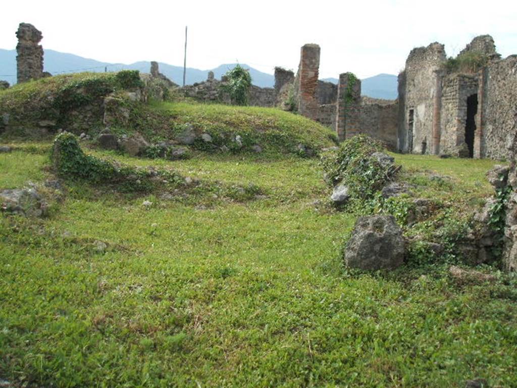 VII.6.4 Pompeii. May 2005. Looking south from shop-room, into remains of a rear room linked to the atrium of VII.6.3 by three steps. This room would originally have been a cubiculum in the north-east corner of the atrium. The next remains of a room to the south would also have been a cubiculum. The mound of earth would have been the site of the closed ala on the east side of the atrium. See Eschebach, L., 1993. Gebäudeverzeichnis und Stadtplan der antiken Stadt Pompeji. Köln: Böhlau. (p.293)