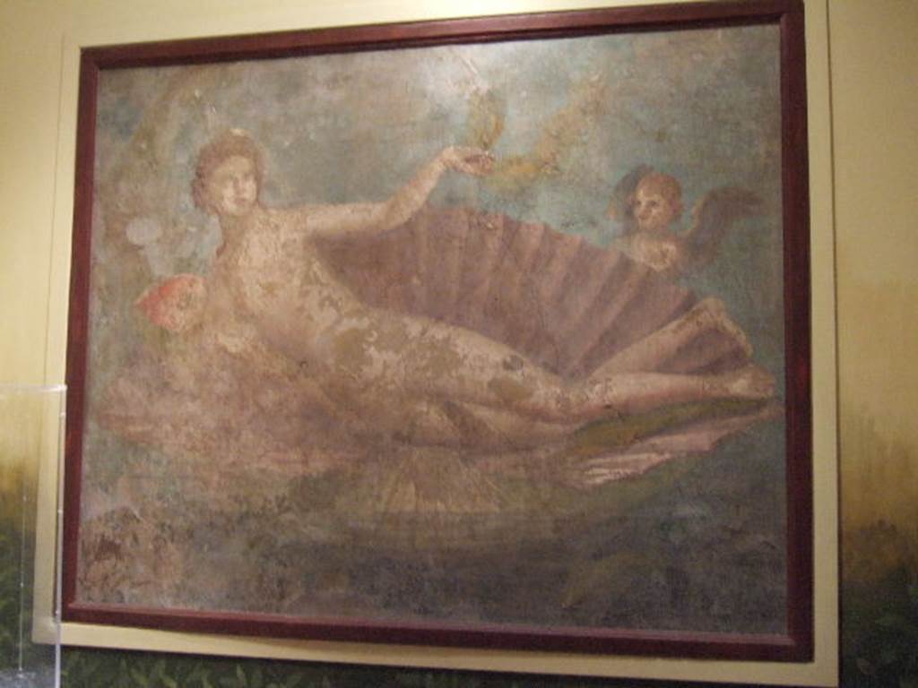 VII.6.7 Pompeii. Found 6th March 1762. Wall painting of The Birth of Venus in a shell on the sea. Now in Naples Archaeological Museum.  Inventory number 27704. See Pagano, M. and Prisciandaro, R., 2006. Studio sulle provenienze degli oggetti rinvenuti negli scavi borbonici del regno di Napoli  Naples : Nicola Longobardi.  (p. 40).
See De Caro, S., Ed., 2000. The Secret Cabinet in the National Archaeological Museum of Naples. Napoli: Electa. (p.26).
See Richardson, L., 2000. A Catalog of Identifiable Figure Painters of Ancient Pompeii, Herculaneum. Baltimore: John Hopkins. (p. 94 and p. 103)

 
