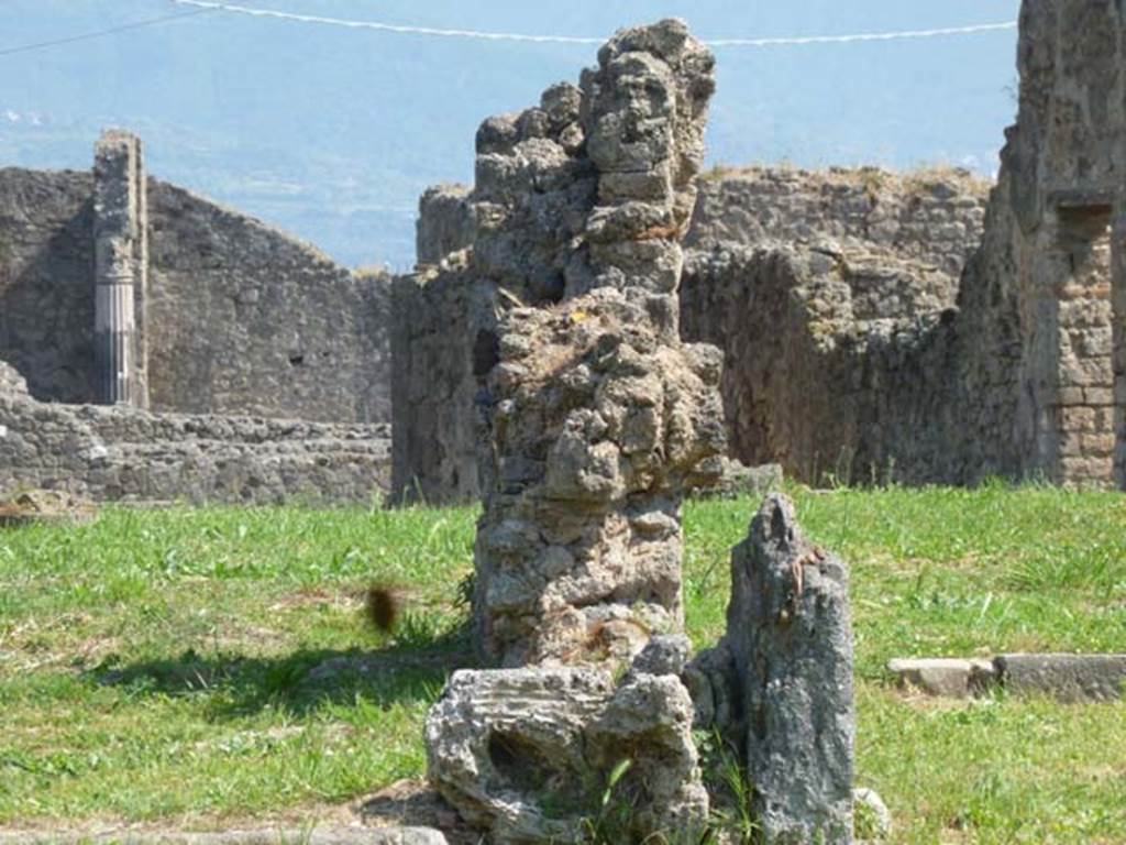 VII.6.7 Pompeii. May 2011. 
Looking south across site of atrium towards remains of dividing wall between oecus on east side of tablinum, on left.  
On the right would be the east side of the tablinum, looking towards site of garden area, and towards VII.6.28.
Photo courtesy of Michael Binns.
