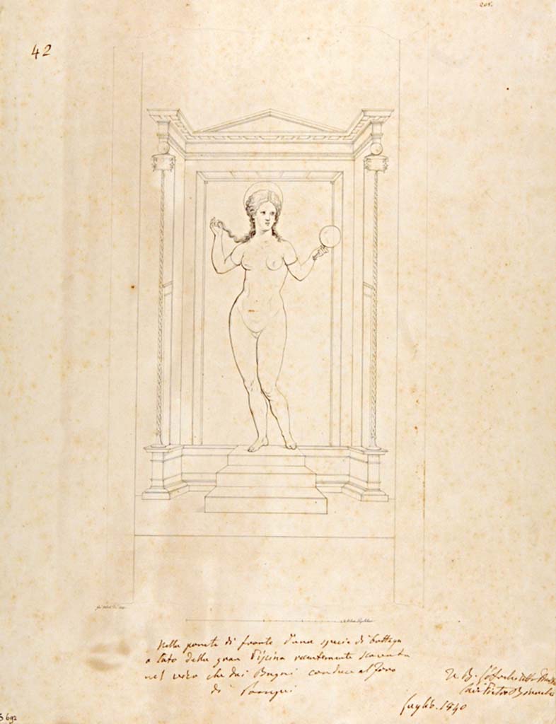 VII.6.13/14 Pompeii. Drawing by Giuseppe Abbate, 1840, copy of a painting of Venus with her mirror held in the left hand.
Two paintings were found, this one from the rear wall was detached and taken to Naples Archaeological Museum, inventory number 28873. 
The other presumably was left in situ, and lost.
The writing below the drawing said 
“Nella parete di fronte d’una specie di bottega a lato dell gran Piscine recentemente scavata nel vico che dai Bagni conduce al Foro di Pompei”
Now in Naples Archaeological Museum. Inventory number ADS 692.
Photo © ICCD. http://www.catalogo.beniculturali.it
Utilizzabili alle condizioni della licenza Attribuzione - Non commerciale - Condividi allo stesso modo 2.5 Italia (CC BY-NC-SA 2.5 IT)
