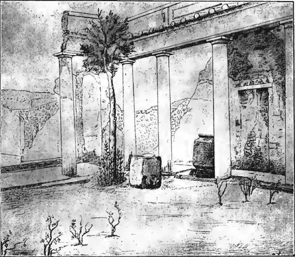 VII.6.28 Pompeii, from Notizie degli Scavi, 1910, p.468, fig.9a. Drawing of the peristyle with the addition of the tree, now lost, and plants, of which traces remained.
La figura 9a riproduce il peristilio in parola con l'aggiunta dell'albero oggi mancante e delle pianticelle delle quali è rimasta traccia.
