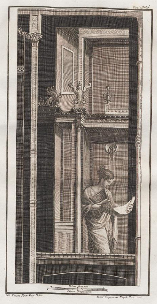 VII.6.28 Pompeii. Found in Civita, 1762. Woman holding a cloth or scroll in her hands.
Now in Naples Archaeological Museum. Inventory number 8572.
See Antichit di Ercolano: Tomo Quarto: Le Pitture 4, 1765, 60, 305.
See Helbig, W., 1868. Wandgemlde der vom Vesuv verschtteten Stdte Campaniens. Leipzig: Breitkopf und Hrtel, (1866).
