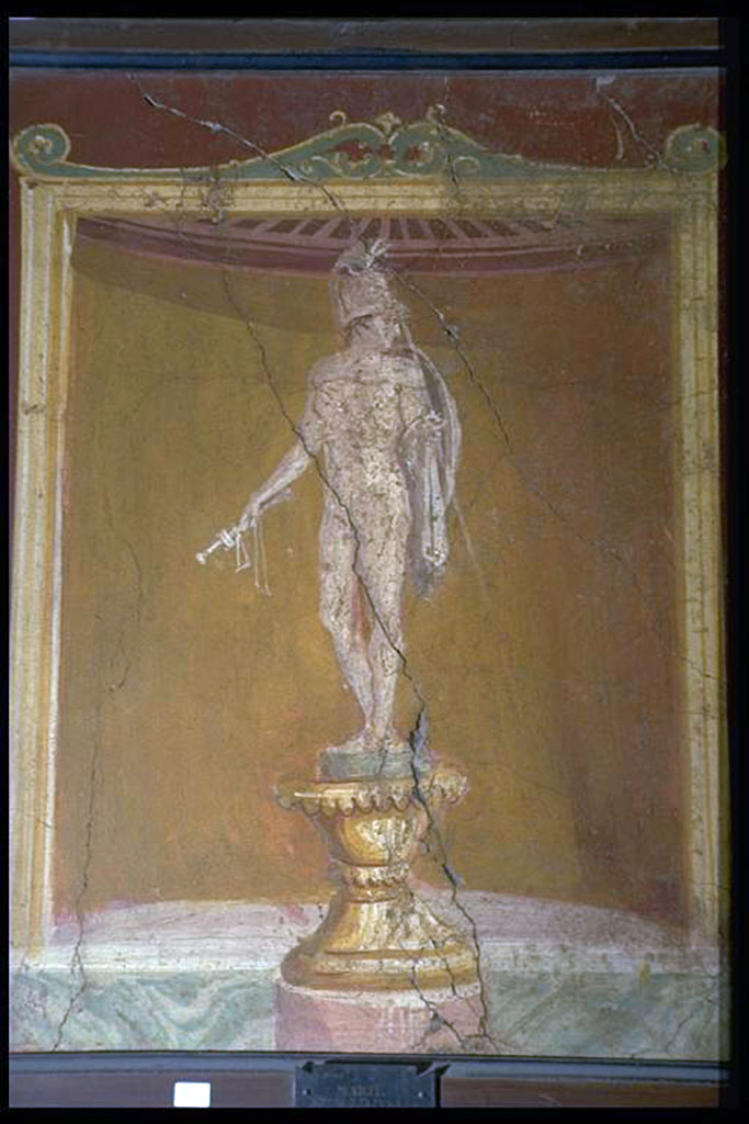 VII.6.28 Pompeii. Found in Civita, 1762. Naked warrior on pedestal, with helmet, lance and shield. Mars?.
Now in Naples Archaeological Museum. Inventory number 9646.
See Antichit di Ercolano: Tomo Quarto: Le Pitture 4, 1765, 2, 9.
See Helbig, W., 1868. Wandgemlde der vom Vesuv verschtteten Stdte Campaniens. Leipzig: Breitkopf und Hrtel, (270).

