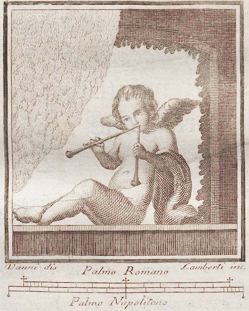 VII.6.28 Pompeii. Found in Civita, 1762. Cupid playing a double flute.
Now in Naples Archaeological Museum. Inventory number 9314.
See Antichit di Ercolano: Tomo Setto: Le Pitture 5, 1779, 24, 108
See Helbig, W., 1868. Wandgemlde der vom Vesuv verschtteten Stdte Campaniens. Leipzig: Breitkopf und Hrtel, (630b).
