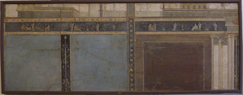 VII.6.28 Pompeii. Found on 10th April 1762. Architectural painting representing scenes of Dionysus.
Now in Naples Archaeological Museum. Inventory number 9183.
See Antichit di Ercolano: Tomo Quarto: Le Pitture 4, 1765, 45-46, 221-227.
See Helbig, W., 1868. Wandgemlde der vom Vesuv verschtteten Stdte Campaniens. Leipzig: Breitkopf und Hrtel, (569).
