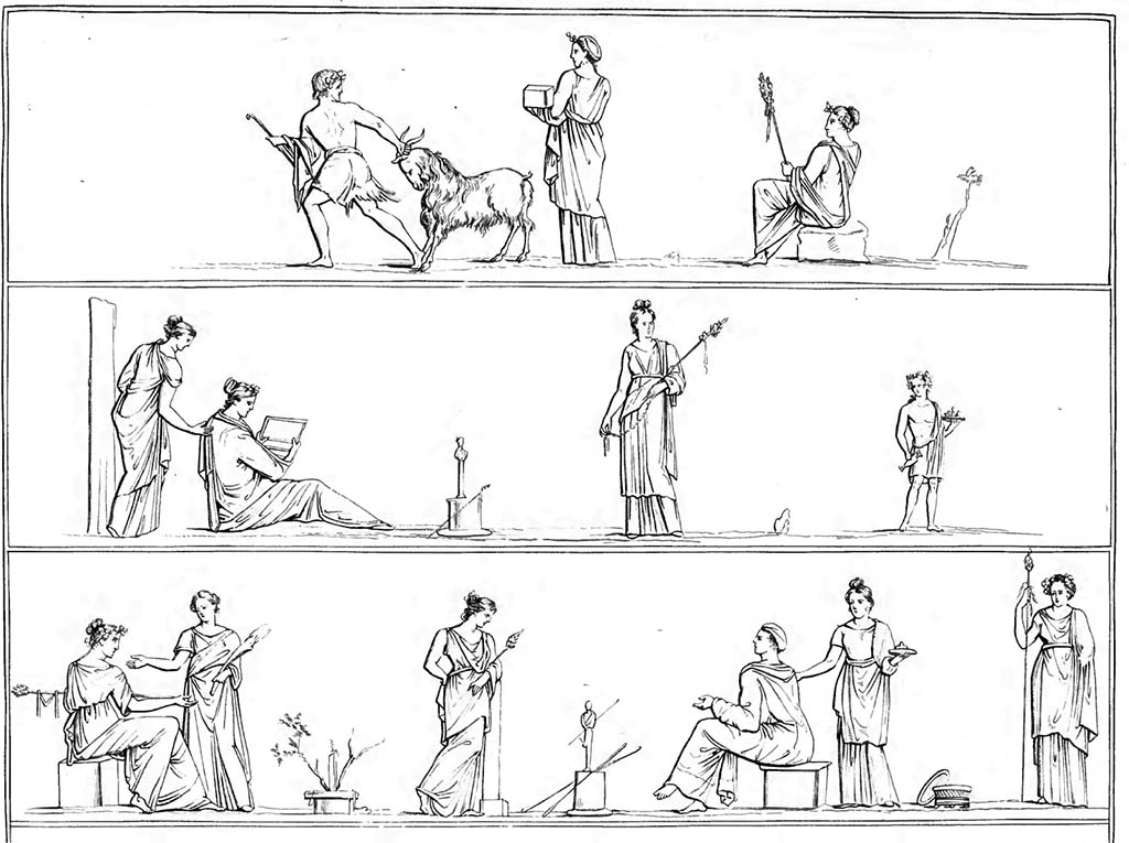 VII.6.28 Pompeii.vii.6.28 Pompeii. Drawing by Abbate entitled Bacchic functions, from cornice.
See Raccolta de pi interessante Dipinture e di pi belle Musaici rinvenuti negli Scavi di Ercolano, di Pompei, e di Stabia. 1843. Napoli.
Now in Naples Archaeological Museum. Part of inventory number 9183.

