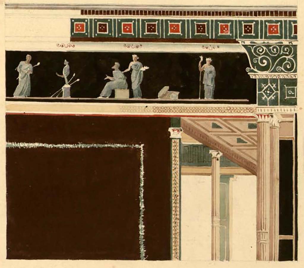 VII.6.28 Pompeii. Painting by Felix Duban of architectural features and bacchic scenes  Muse de Portici. 
See Duban F. Album de dessins d'architecture effectus par Flix Duban pendant son pensionnat  la Villa Medicis, entre 1823 et 1828: Tome 2, Pompi, pl. 172.
INHA Identifiant numrique NUM PC 40425 (2)
https://bibliotheque-numerique.inha.fr/idurl/1/7157   Licence Ouverte / Open Licence  Etalab
