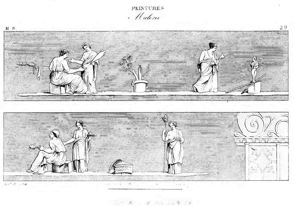 VII.6.28 Pompeii. Paintings from the corniche with bacchic scenes with six people and a statue of Priapus.
See Roux, H., 1840. Herculanem et Pompei recueil gnral des Peintures, Bronzes, Mosaques : Tome 8, Muse Secret. Paris : Didot, pl. 29.
