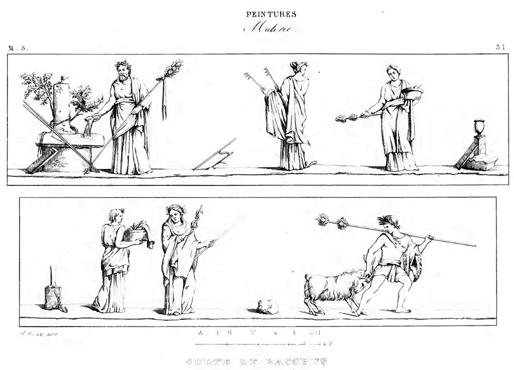 VII.6.28 Pompeii. Paintings from the corniche with bacchic scenes with six people, and a goat.
See Roux, H., 1840. Herculanem et Pompei recueil gnral des Peintures, Bronzes, Mosaques : Tome 8, Muse Secret. Paris : Didot, pl. 31.
