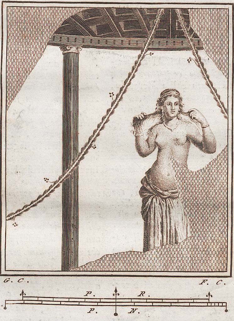 VII.6.28 Pompeii. Found in Civita, 1762. Fresco of half-naked woman who is lifting her hair with her hands.
Now in Naples Archaeological Museum. Inventory number 9252.
See Antichit di Ercolano: Tomo Setto: Le Pitture 5, 1779, 19, 88
See Helbig, W., 1868. Wandgemlde der vom Vesuv verschtteten Stdte Campaniens. Leipzig: Breitkopf und Hrtel, (293).
