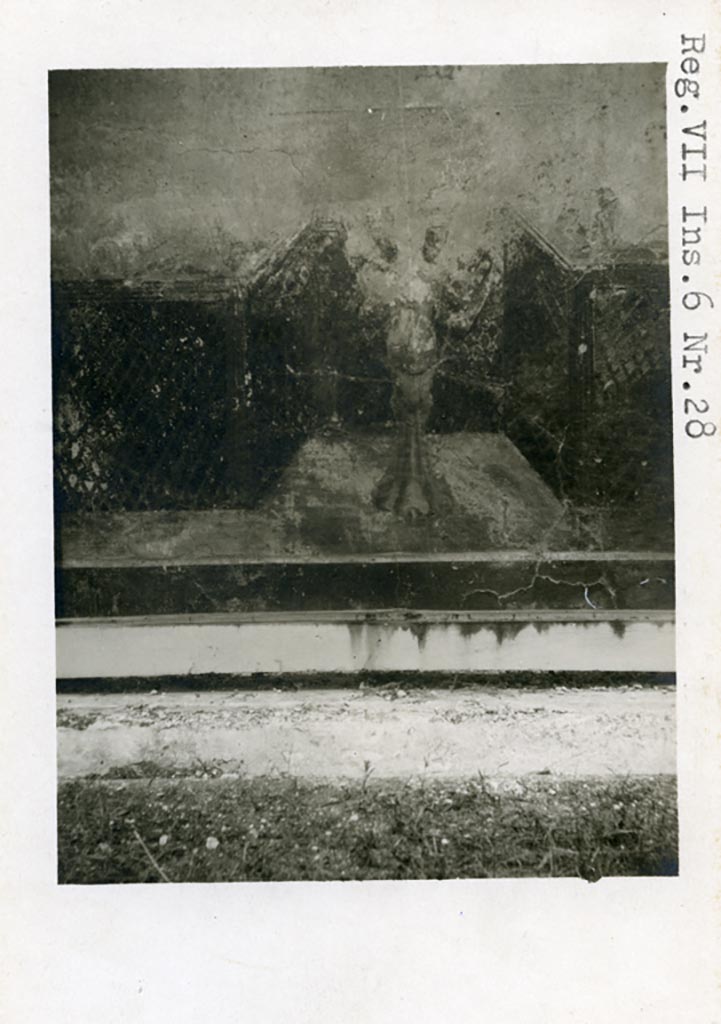 VII.6.28 Pompeii. Pre-1937-39. Detail from central panel on north wall of peristyle.
Photo courtesy of American Academy in Rome, Photographic Archive. Warsher collection no. 687.
According to the description in PPM –
“The basin of the fountain, which in this panel was rectangular, was supported by a winged figure, rising from a single lion’s paw.
You can only see shadows of the birds resting in the foreground on the balustrade, on the right you can recognize a dove.”
See Carratelli, G. P., 1990-2003. Pompei: Pitture e Mosaici. Roma: Istituto della enciclopedia italiana, (p.188, no.7).
