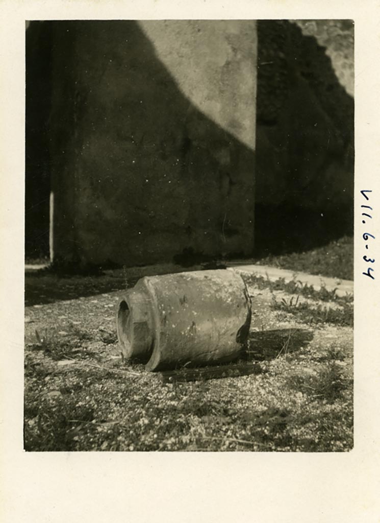 Mystery photo – Warsher numbered this as being from VII.6.34.
We hope it may be from – VII.6.30 Pompeii. 
We are thinking it may be from the north-east corner of room 33, the atrium, with doorway to room 38, on left, and into room 41 on right.
The flooring looks very similar to that in the photo two above this one, another mystery photo.
Pre-1937-39. Photo courtesy of American Academy in Rome, Photographic Archive. Warsher collection no. 1071.
If anyone can confirm or refute this location, we would be pleased to hear from you.

