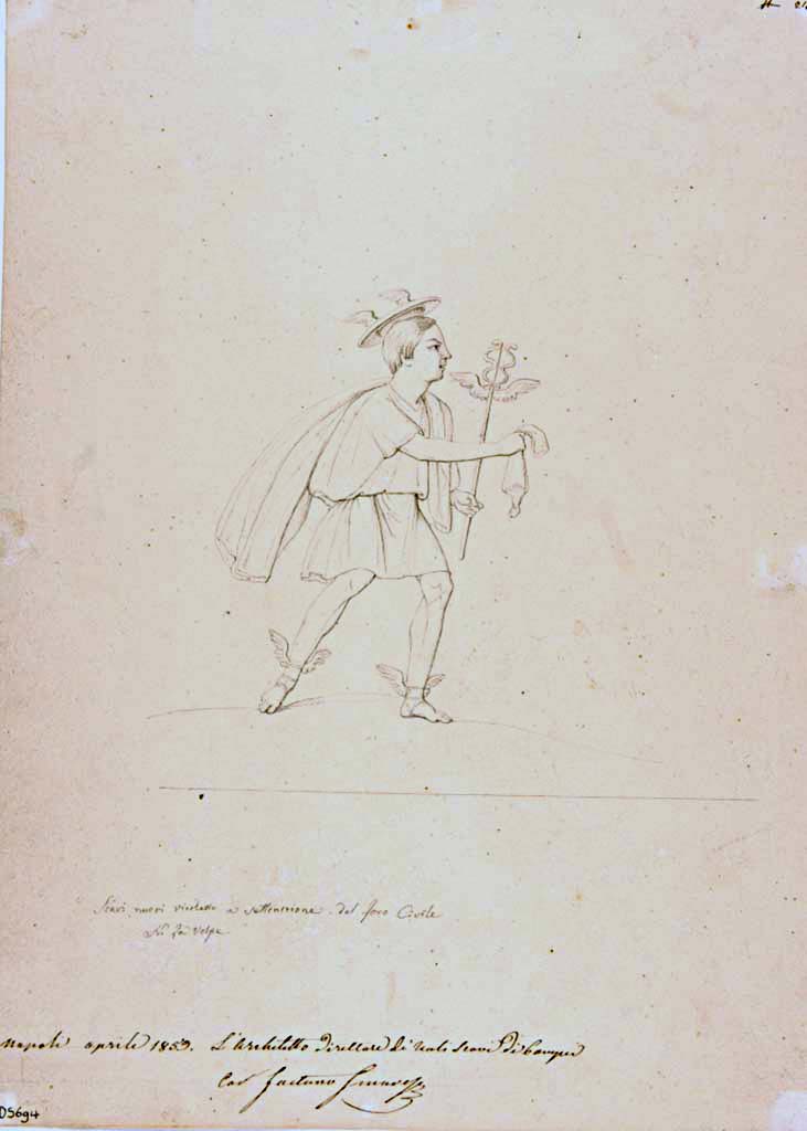VII.6.35 Pompeii. Drawing by Nicola La Volpe, of Mercury seen on the exterior pilaster to the left of VII.6.35. 
Both figures of the divinities, Mercury and Bacchus have now faded and disappeared, this is the only known drawing of one of them.
Now in Naples Archaeological Museum. Inventory number ADS 694.
Photo © ICCD. https://www.catalogo.beniculturali.it/
Utilizzabili alle condizioni della licenza Attribuzione - Non commerciale - Condividi allo stesso modo 2.5 Italia (CC BY-NC-SA 2.5 IT)
