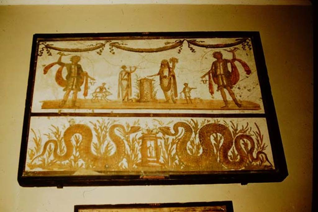 VII.6.38 Pompeii. 1957. Lararium painting from the kitchen. 
Naples Archaeological Museum inventory number 8905. Photo by Stanley A. Jashemski.
Source: The Wilhelmina and Stanley A. Jashemski archive in the University of Maryland Library, Special Collections (See collection page) and made available under the Creative Commons Attribution-Non Commercial License v.4. See Licence and use details.
J57f0515
According to Boyce –
“Villa of Julia Felix” – Somewhere in this villa-like complex (the exact location is unknown) was found a lararium painting (h.1.21, w.1.78) done in two zones upon a white ground …………… He then quoted various sources which identified this same painting.
However, other sources identify this painting as being from VII.6.38. (We have entered it into both locations).
See Boyce G. K., 1937. Corpus of the Lararia of Pompeii. Rome: MAAR 14. (p.95, no.470). 

