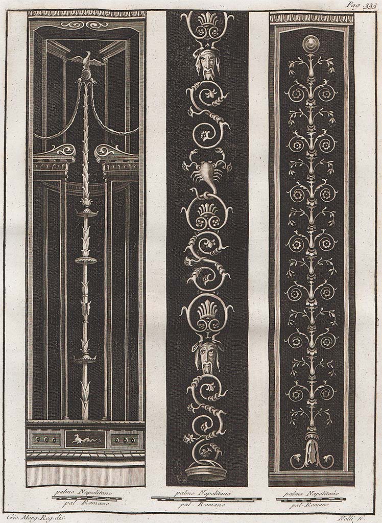 VII.6.38 Pompeii. Painted candelabra found -
1, on left, found Cività, 25th May 1761.
With black background containing a capricious architecture of a yellow tint, two lists are red; the festoons are green: the eagle was reddish in color; the candlestick was red; the picture, where you can see a sea horse was green; The two side panels were yellow.
2, in centre, found Gragnano, 10th September 1761. =_MANN 9758
All the decorations, the two masking (perhaps Bacchic), the scorpion, and the basket, are all yellow.
3, on right, was found with no.1, in Cività, 25th May 1761.
Candelabra with plate above, and with several arabesques, all the colour of light red, (see below). 
Le Antichità di Ercolano, (4), p.333, no.67

According to Pagano and Prisciandaro, these, along with other paintings, were described on 30th May 1761, as being found in this house.
See inventory number: 9963 and 9959 at Naples Archaeological Museum. 
(9767 may also have been found in the same room – this would apply to the centre candelabra (9758) from Villa Arianna at Stabiae).
See Pagano, M. and Prisciandaro, R., 2006. Studio sulle provenienze degli oggetti rinvenuti negli scavi borbonici del regno di Napoli. Naples: Nicola Longobardi, p. 38, and PAH I, addendum 142-143.
