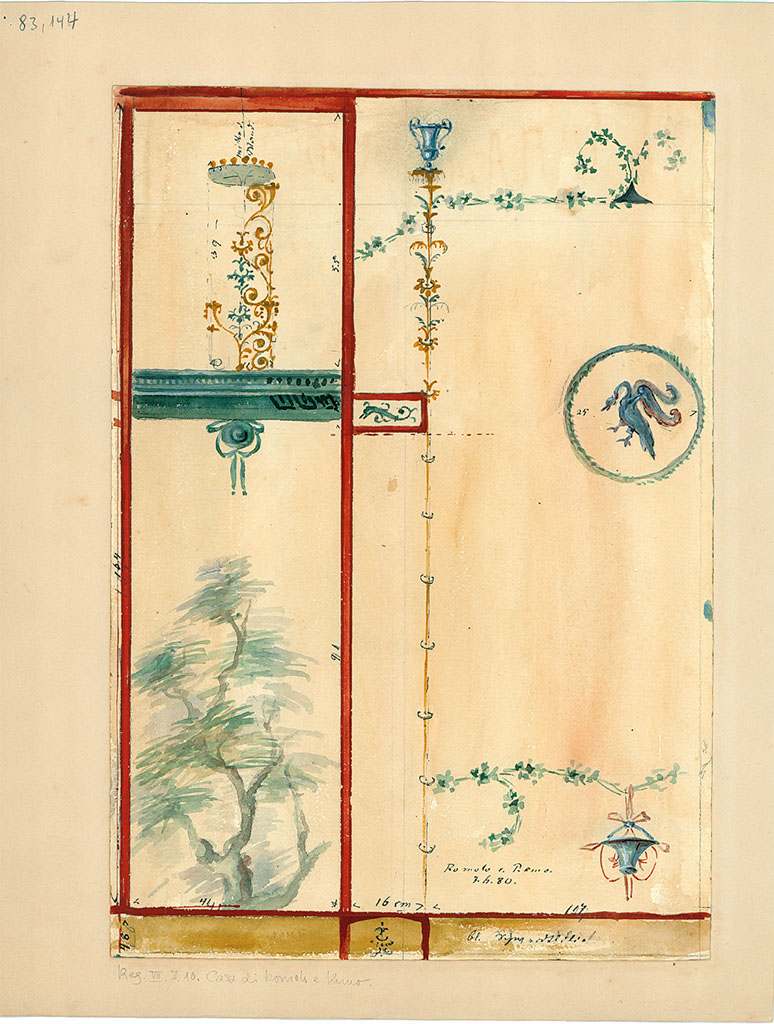 VII.7.10/13 Pompeii. 7th June 1880. 
Watercolour of painted decorations from this house, but location unknown (also entered in VII.7.10).
DAIR 83.144. Photo © Deutsches Archäologisches Institut, Abteilung Rom, Arkiv. 
