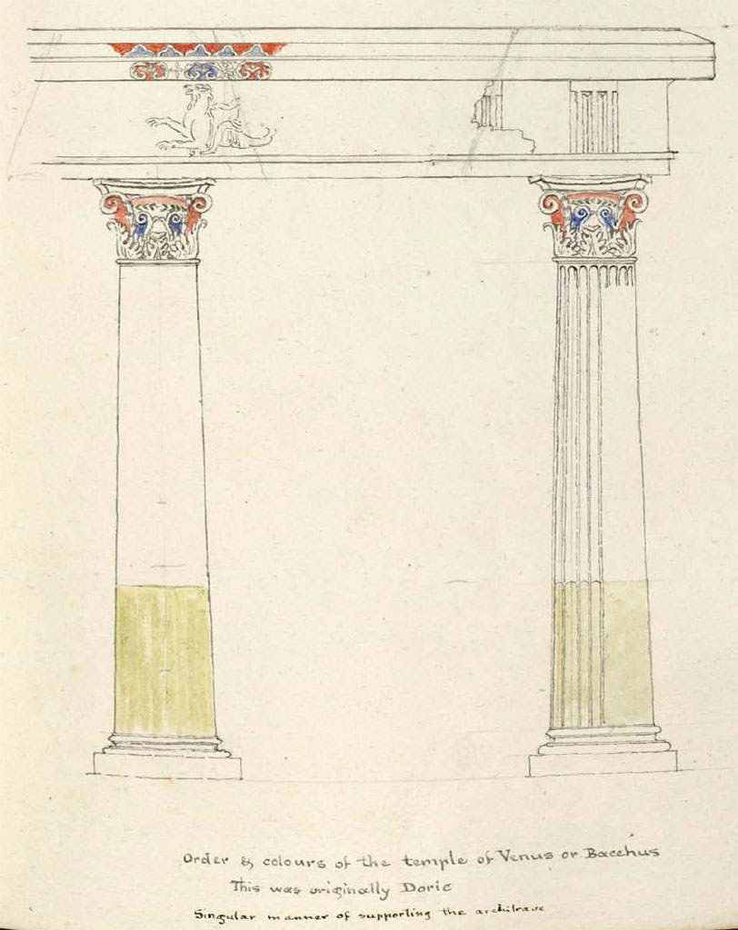VII.7.32 Pompeii. Between 1819 and 1832. Drawing by W. Gell, of painted columns in Temple.
See Gell, W. Pompeii unpublished [Dessins de l'édition de 1832 donnant le résultat des fouilles post 1819 (?)] vol II. P. 28 of 178.
Bibliothèque de l'Institut National d'Histoire de l'Art, collections Jacques Doucet, Identifiant numérique Num MS180 (2).
See book in INHA Use Etalab Licence Ouverte
