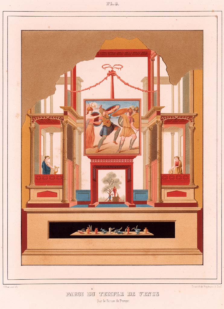VII.7.32, Pompeii. Pre-1846. Painting by Raoul Rochette of a wall in the Temple of Venus.
See Raoul-Rochette M., 1846. Choix de Peintures de Pompei. Paris : L’Imprimerie Royale, pl. 8.  
