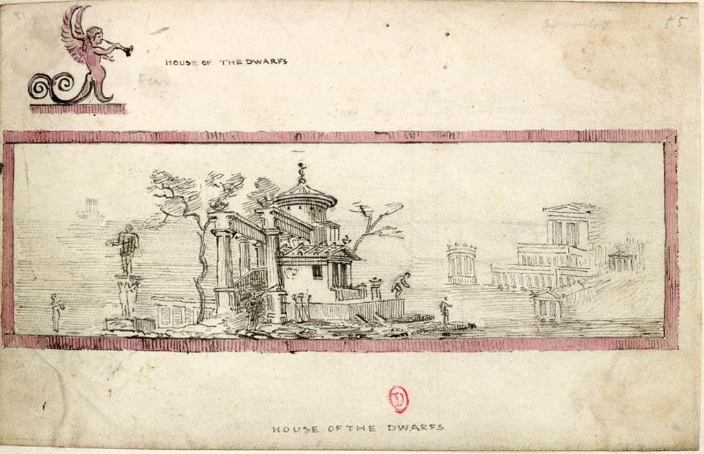 VII.7.32 Pompeii. c.1819 sketch by W. Gell of paintings seen in “House of the Dwarfs”.
See Gell W & Gandy, J.P: Pompeii published 1819 [Dessins publiés dans l'ouvrage de Sir William Gell et John P. Gandy, Pompeiana: the topography, edifices and ornaments of Pompei, 1817-1819], pl. 60.
See book in Bibliothèque de l'Institut National d'Histoire de l'Art [France], collections Jacques Doucet Gell Dessins 1817-1819
Use Etalab Open Licence ou Etalab Licence Ouverte
