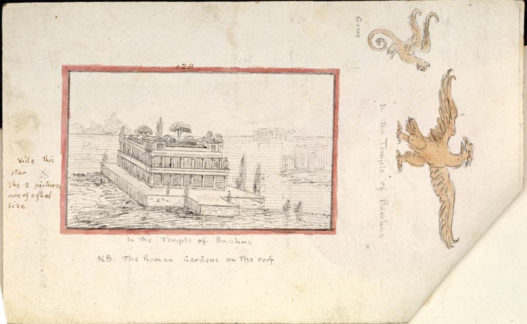 VII.7.32 Pompeii. c.1819 sketch by W. Gell of landscape painting and painting of an eagle from "in the Temple of Bacchus", (from an unknown location within).
Gell notes the Roman Gardens on the roof. Under the griffin he says Cicero.
See Gell W & Gandy, J.P: Pompeii published 1819 [Dessins publiés dans l'ouvrage de Sir William Gell et John P. Gandy, Pompeiana: the topography, edifices and ornaments of Pompei, 1817-1819], pl. 67 verso.
See book in Bibliothèque de l'Institut National d'Histoire de l'Art [France], collections Jacques Doucet Gell Dessins 1817-1819
Use Etalab Open Licence ou Etalab Licence Ouverte
