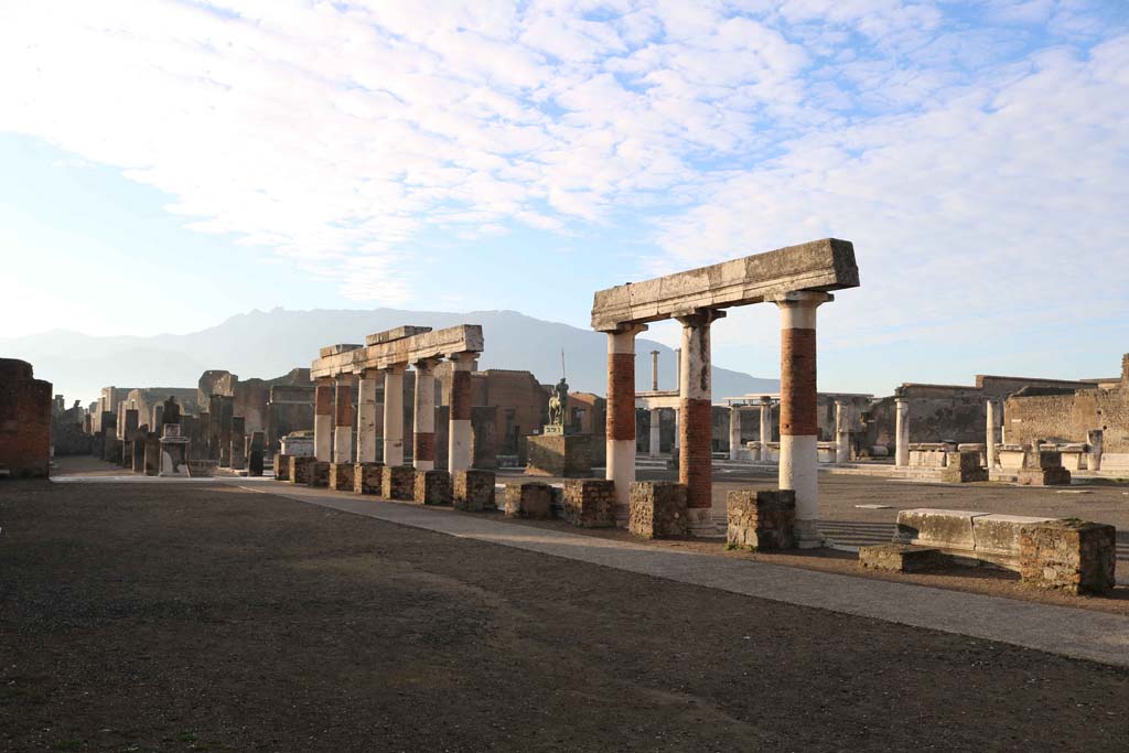 VII.8.00 Pompeii Forum, east side. December 2018.
Looking south-west from rear of portico of Eumachia’s Buildings. Photo courtesy of Aude Durand.