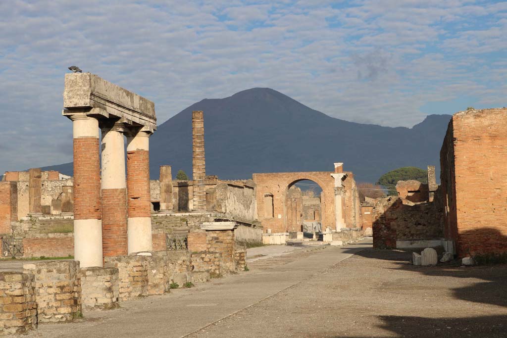 VII.8 Pompeii Forum. December 2018.
Looking towards north-east side of Forum, from the rear of Eumachia’s portico. Photo courtesy of Aude Durand.