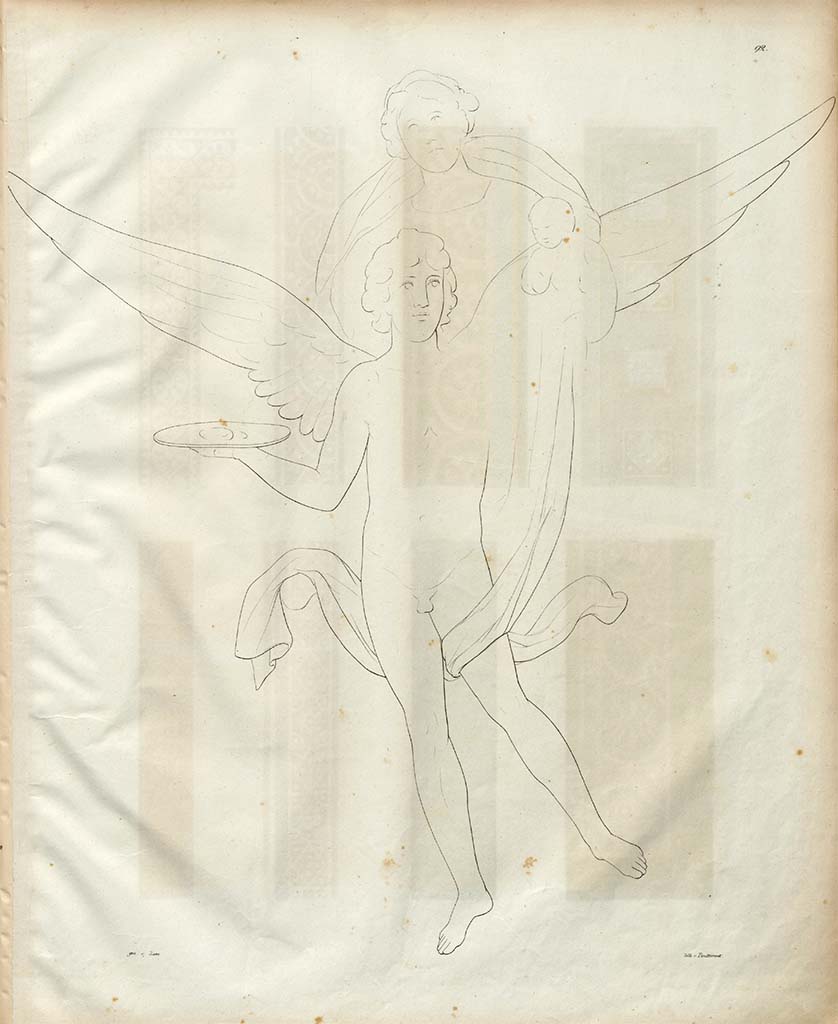 VII.9.7 and VII.9.8 Pompeii. Macellum. 
Drawing by Zahn of flying figures from west wall, on black panel on left side of central painting.
Similar to the female flying figures from the black panel, on right side of central painting.
See Zahn, W., 1828-29. Die schönsten Ornamente und merkwürdigsten Gemälde aus Pompeji, Herkulanum und Stabiae: I. Berlin: Reimer, taf. 92.
