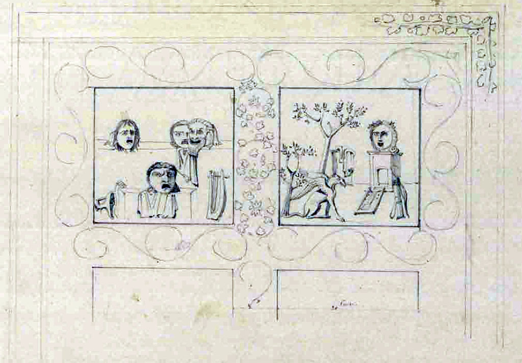 Mystery drawing by Duban. 
This drawing by Duban (plate 38) appears in his album between several other plates showing Pompeian items but could be an error.
This mosaic is now in the Vatican Museum where it is said to be from made up from several locations in Hadrian's villa.
See Duban F. Album de dessins d'architecture effectués par Félix Duban pendant son pensionnat à la Villa Medicis, entre 1823 et 1828: Tome 2, Pompéi, pl. 38.
INHA Identifiant numérique NUM PC 40425 (2)
https://bibliotheque-numerique.inha.fr/idurl/1/7157  « Licence Ouverte / Open Licence » Etalab
