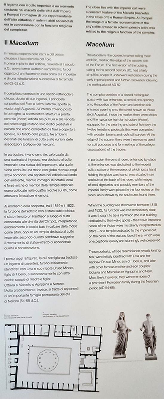 VII.9.7 and VII.9.8 Pompeii. April 2023. 
Descriptive card from Naples Archaeological Museum. Photo courtesy of Giuseppe Ciaramella.
“In particular, the central room, enhanced by steps at the entrance, was dedicated to the imperial cult: a statue of the emperor, of which just a hand holding a globe was found, was situated in an aedicula at the back of the room, while images of local dignitaries and possibly members of the imperial family were placed in the four niches on the sides, as is shown by the sculptures found there.”

