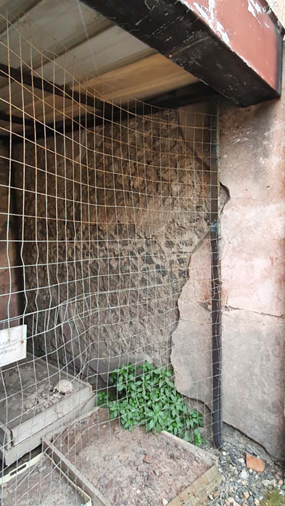 VII.9.7/8 Pompeii. August 2021. Remaining plaster on west wall at north end.
Foto Annette Haug, ERC Grant 681269 DÉCOR.
