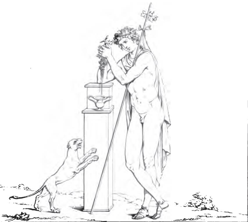 VII.9.30 Pompeii. Drawing of 1827 of painting on entrance doorway.
Bacchus is leaning upon a square pilaster and pressing the juice from a bunch of grapes into a kantharos.
The kantharos stands on the top of the square pilaster. A panther is to the left of the pilaster.
See Real Museo Borbonico III, 1827, Tav. L (upper).
Kuivalainen comments –
“A young half-naked Bacchus, engaged in an activity rarely represented in Pompeian wall paintings.”
See Kuivalainen, I., 2021. The Portrayal of Pompeian Bacchus. Commentationes Humanarum Litterarum 140. Helsinki: Finnish Society of Sciences and Letters, p. 113-14, C12.