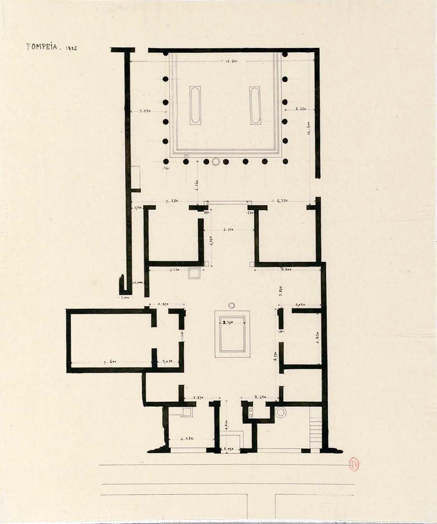 VII.9.47 Pompeii. 1826. Plan with measurements by P.A. Poirot, with entrance doorway, lower centre.
See Poirot, P. A., 1826. Carnets de dessins de Pierre-Achille Poirot. Tome 2 : Pompeia, pl. 54.
See Book on INHA Document placé sous « Licence Ouverte / Open Licence » Etalab