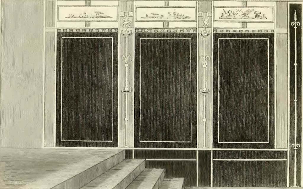 VII.9.67 Pompeii. Drawing by Gell of wall on east side of steps in Eumachia’s building (aka The Chalcidicum).
According to Gell and Gandy, the wall of the staircase is painted in black panels separated by red pilasters.
See Gell, W, and Gandy, J: Pompeiana. 1832, vol.1, (p.14)
