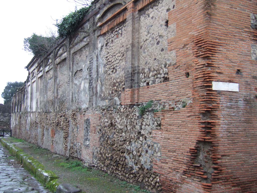 VII.9.67 Pompeii, side wall and back wall of Eumachia’s Building, VII.9.1. December 2005. Looking south.